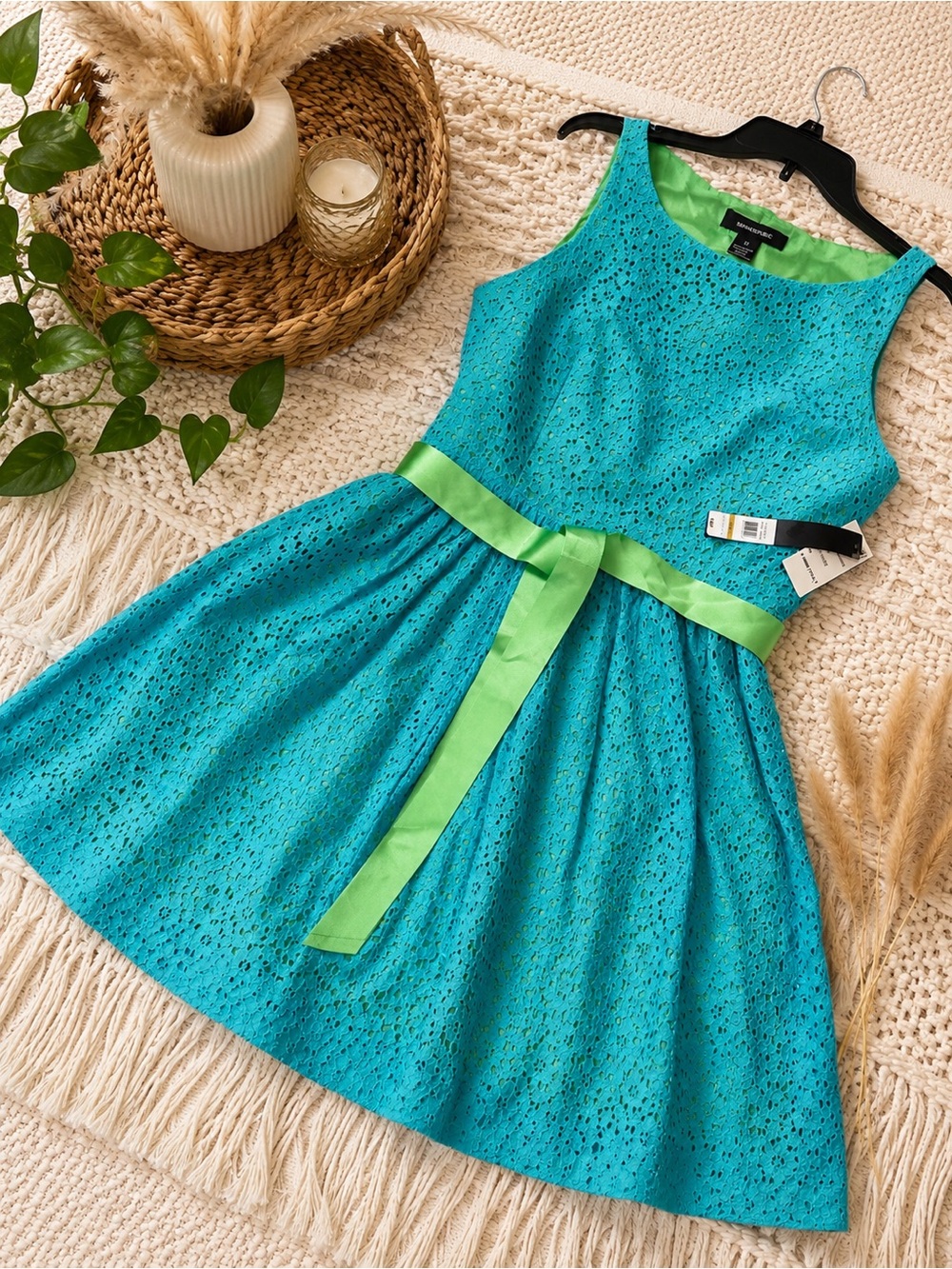 NWT Siena Studio JCPenney Turquoise Eyelet Fit & Flare Dress w/ Green Sash Sz 14